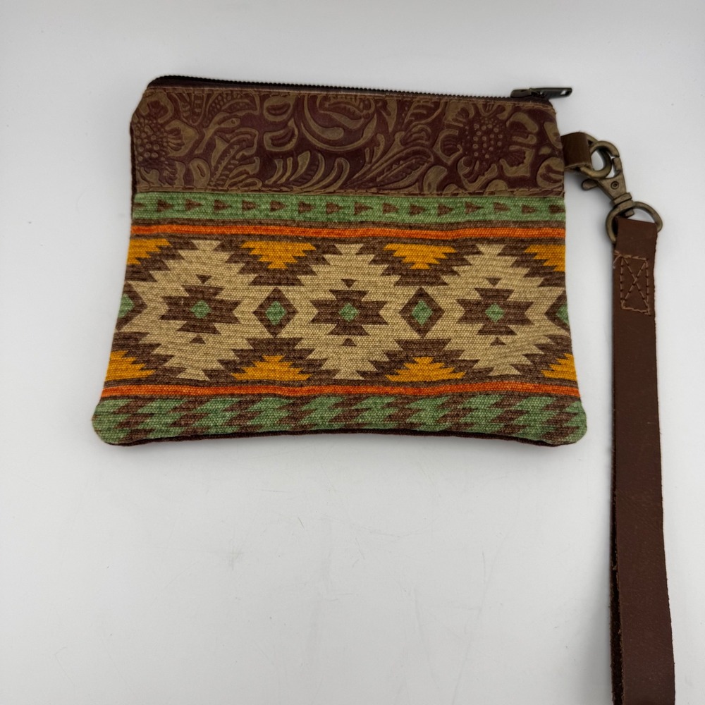 Cott‎ N Curls Wristlet Pouch Small Brown Multi Excellent Southwest Boho Embossed